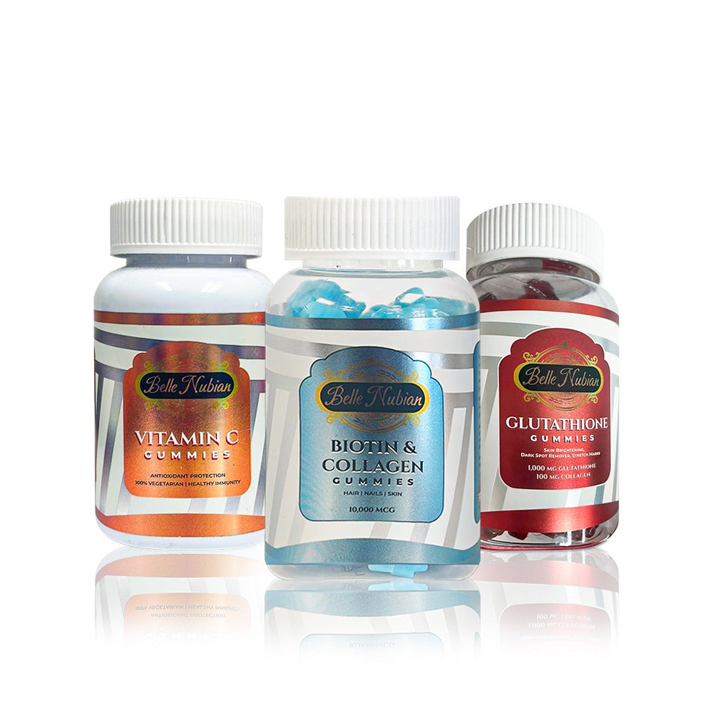 GUMMIES TRIO (BIOTIN & COLLAGEN, GLUTA, VITAMIN C) Belle Nubian UK GUMMIES TRIO (BIOTIN & COLLAGEN, GLUTA, VITAMIN C) Belle Nubian UK